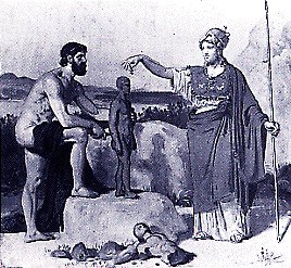 Image of Prometheus showing his moulded man to goddess Athena